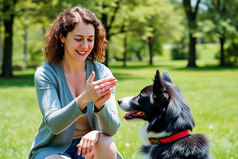 A woman training her dog for therapy animal certification in a park