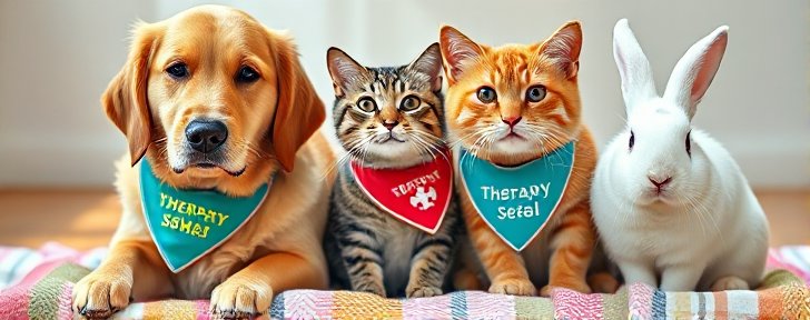 Various pets including dogs, cats and rabbits wearing therapy animal bandanas