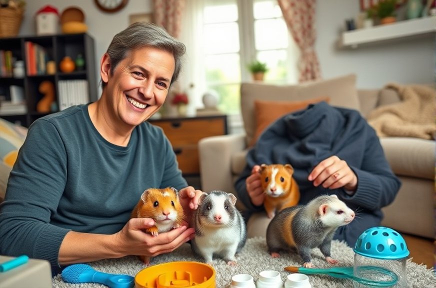 A happy pet owner interacting with their small pets