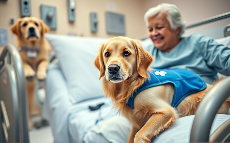 A golden retriever wearing a therapy animal vest visiting a hospital patient
