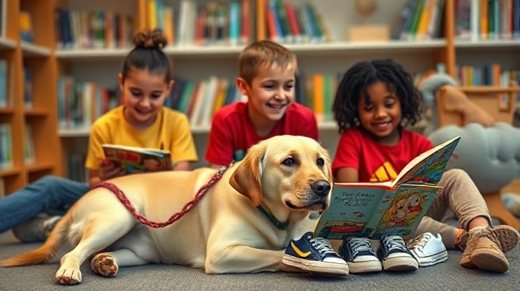 A certified therapy dog bringing joy to children at a library reading program