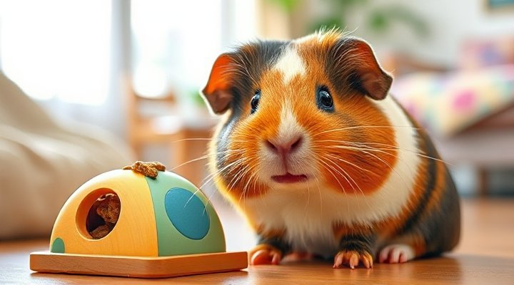A guinea pig solving a puzzle for treats
