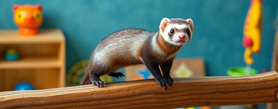 A playful ferret balancing on a narrow beam