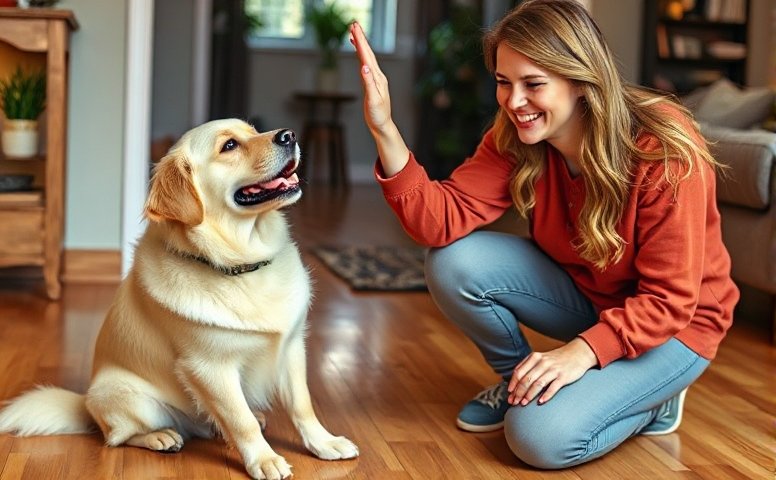 A happy golden retriever sitting and giving a high-five to its owner