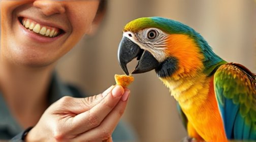 A trainer rewarding a parrot with a treat for good behavior