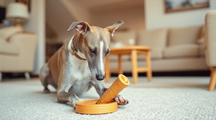 A Greyhound playing with interactive toys in a safe indoor space