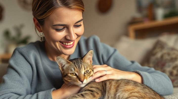 A woman gently comforting a nervous cat with slow petting