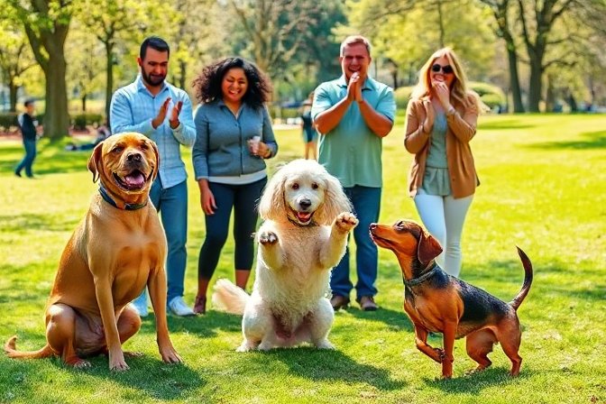 A group of dogs performing tricks together in a park