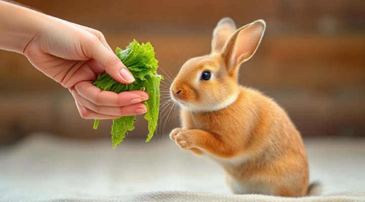 Person hand feeding fresh vegetables to a happy rabbit