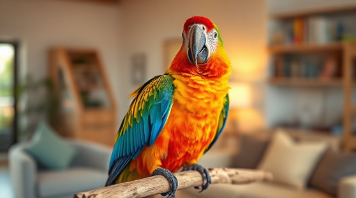 A colorful parrot sitting on a perch, looking curious and engaged