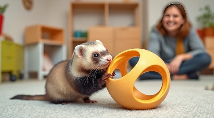 A ferret playing with safe toys in a secure space