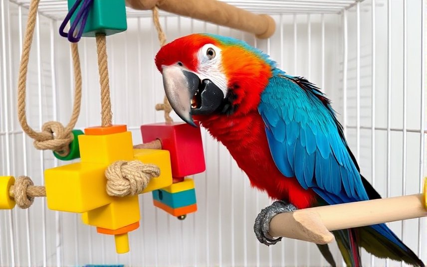 A parrot playing with toys to prevent boredom and destructive behavior