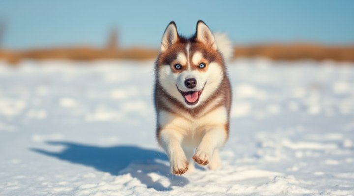 A playful Husky running in a snowy field with a happy expression