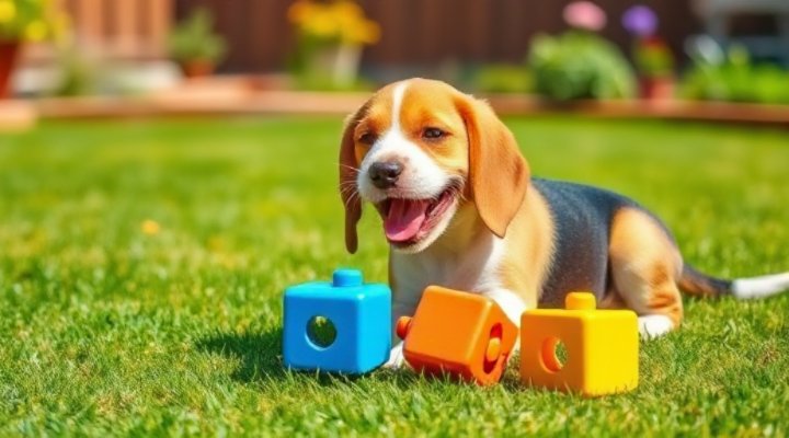 A happy dog playing with puzzle toys in a sunny backyard