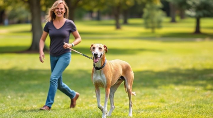 A Greyhound enjoying a gentle walk in a peaceful park