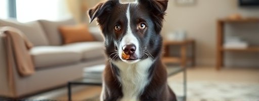 A dog balancing a treat on its nose in a living room