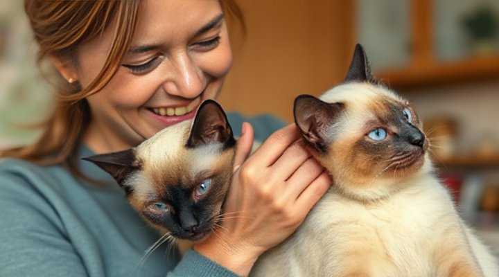 A loving owner gently petting a Siamese cat, both looking happy and relaxed.