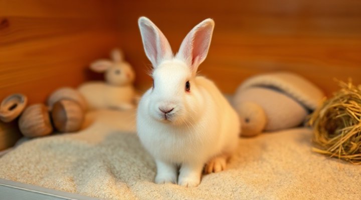 A cute fluffy rabbit sitting in a cozy indoor habitat