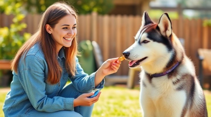 A woman patiently training her Husky with treats in a backyard