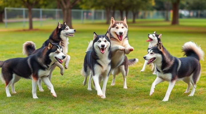 A group of Huskies socializing at a dog park