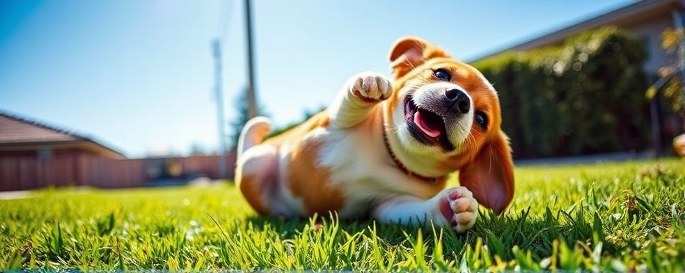 A small dog rolling over on a grassy backyard