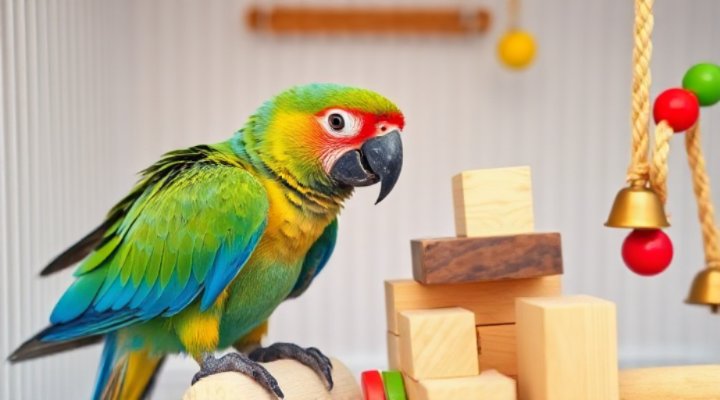 A parrot playing with toys to prevent boredom