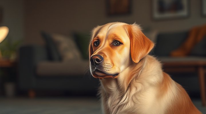 A worried golden retriever sitting alone in a dimly lit room, looking anxious