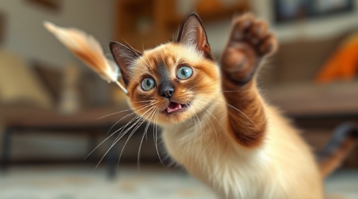 A playful Siamese cat with a feather toy, looking engaged and entertained.