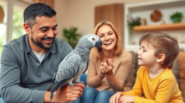Family interacting with trained parrot