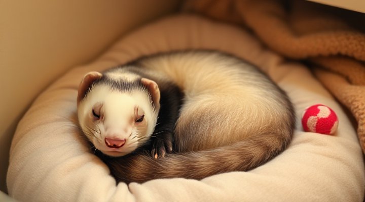 A ferret sleeping in a cozy, safe bed