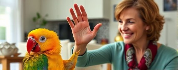 A parrot successfully performing a trick, with its owner clapping in joy