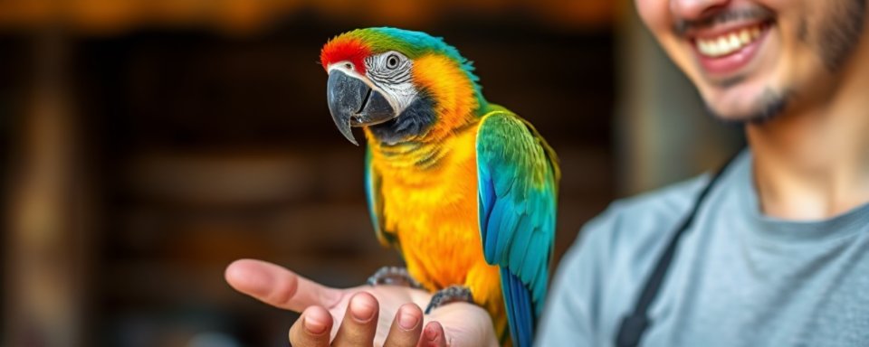 A colorful parrot perched on a trainer