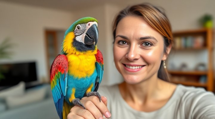 A colorful parrot perched happily on its owner