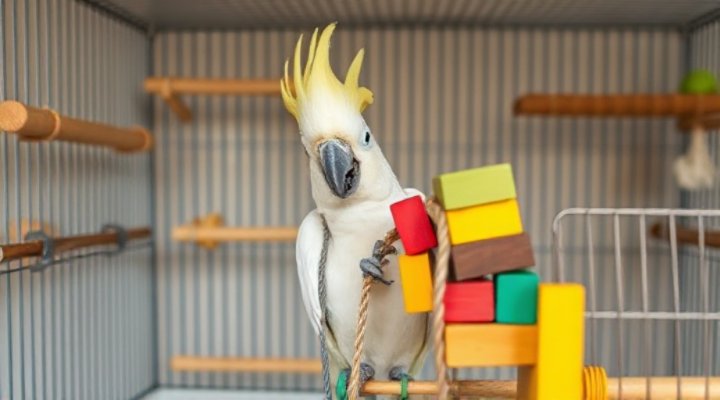 Parrot playing with enrichment toys in cage