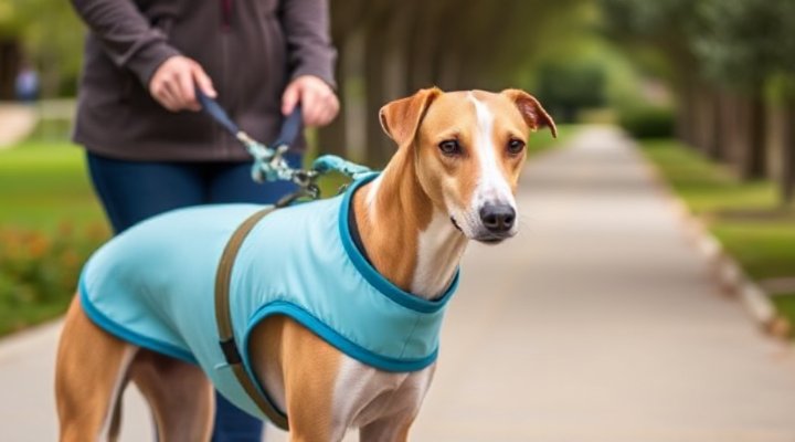 A Greyhound wearing a calming vest during a walk
