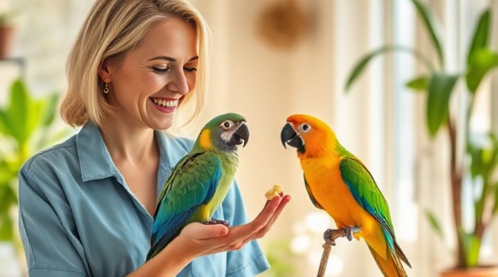 A woman gently interacting with a parrot, offering a treat
