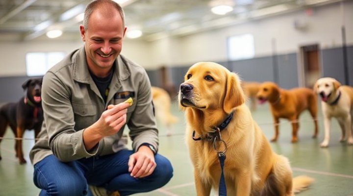 A happy golden retriever sitting with a professional trainer in a training facility