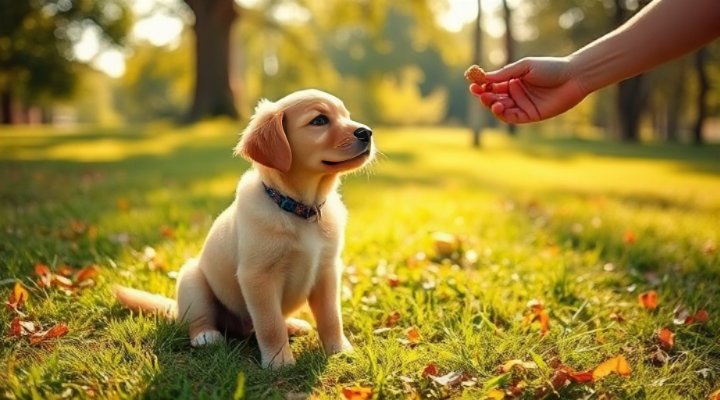 Cute puppy sitting and learning basic obedience commands