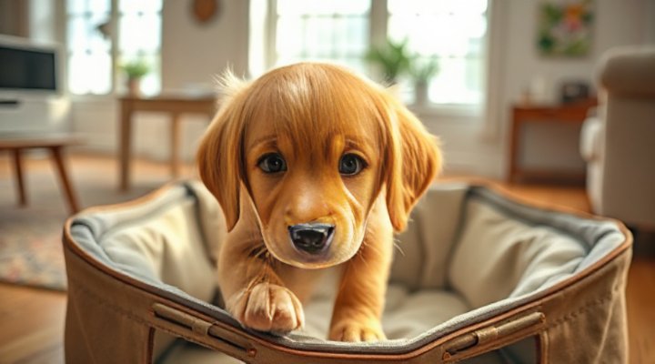 A golden retriever puppy sniffing around a cozy crate