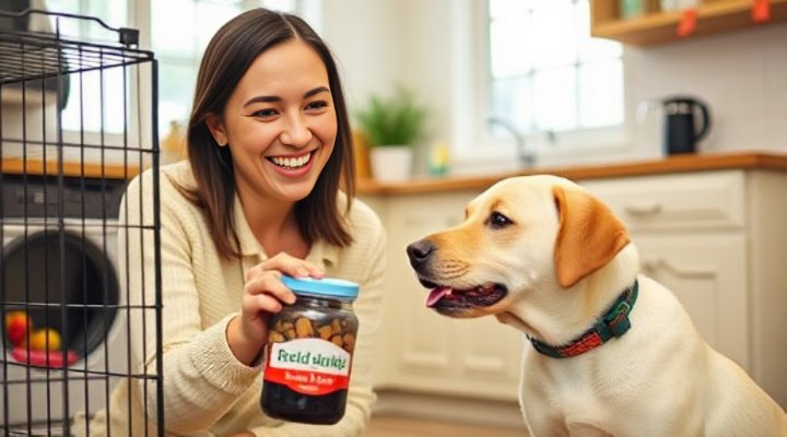Smiling woman giving treat to labrador puppy near open crate