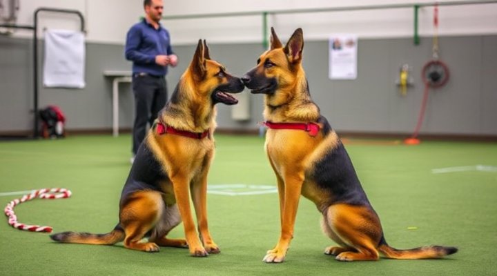 Older puppy performing advanced obedience commands