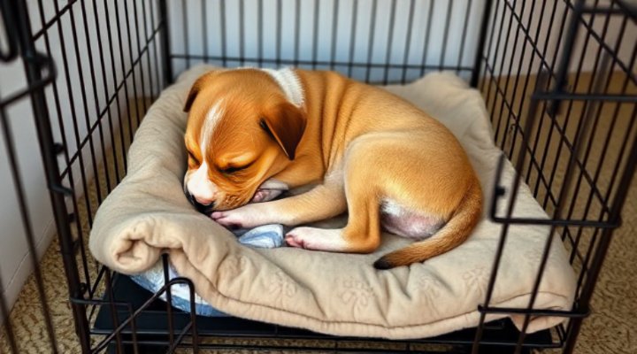A puppy sleeping peacefully in a crate