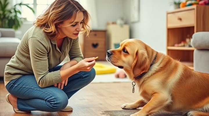 Dog behaviorist assessing a golden retriever