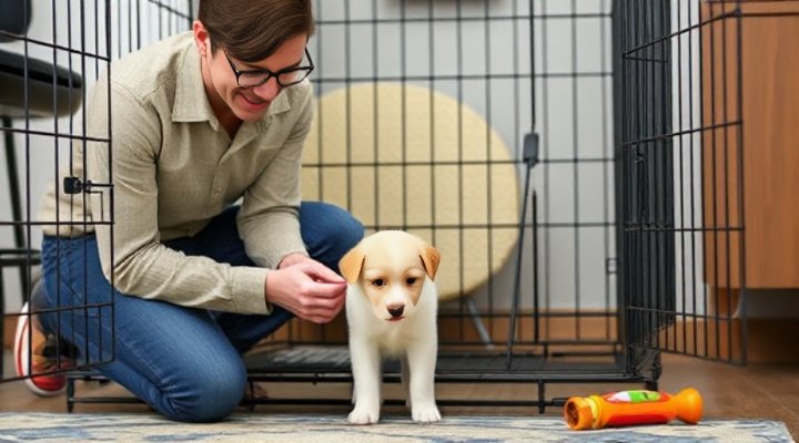 A puppy being introduced to a crate