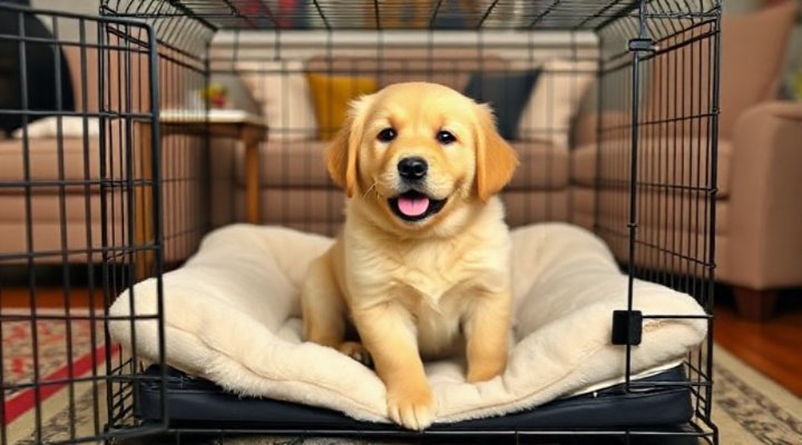 A cozy dog crate with a happy puppy inside