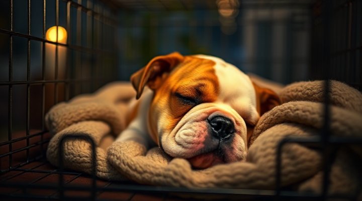 Sleeping bulldog puppy curled up in nighttime crate