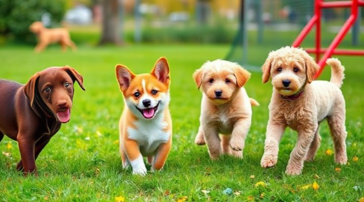 Puppy playing nicely with other dogs at the park