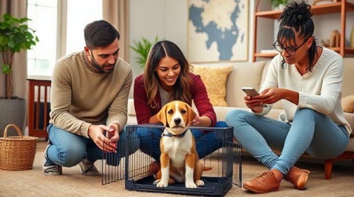 Happy family introducing puppy to crate together
