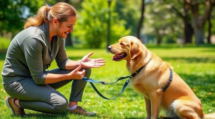 A professional dog trainer using body language to communicate with a golden retriever