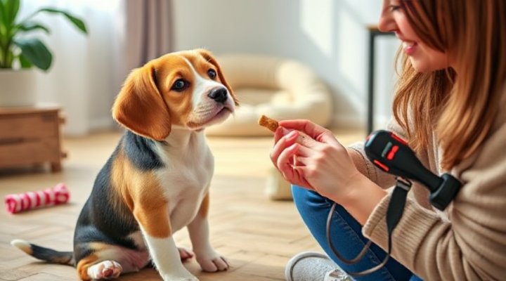 A small dog happily responding to positive reinforcement training with treats